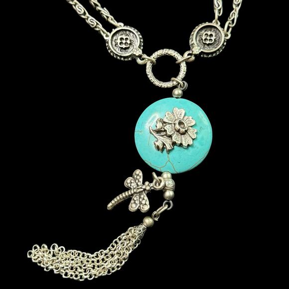 Silver Tone Faux Turquoise Tassel Flower Dragonfly Necklace - Picture 4 of 4
